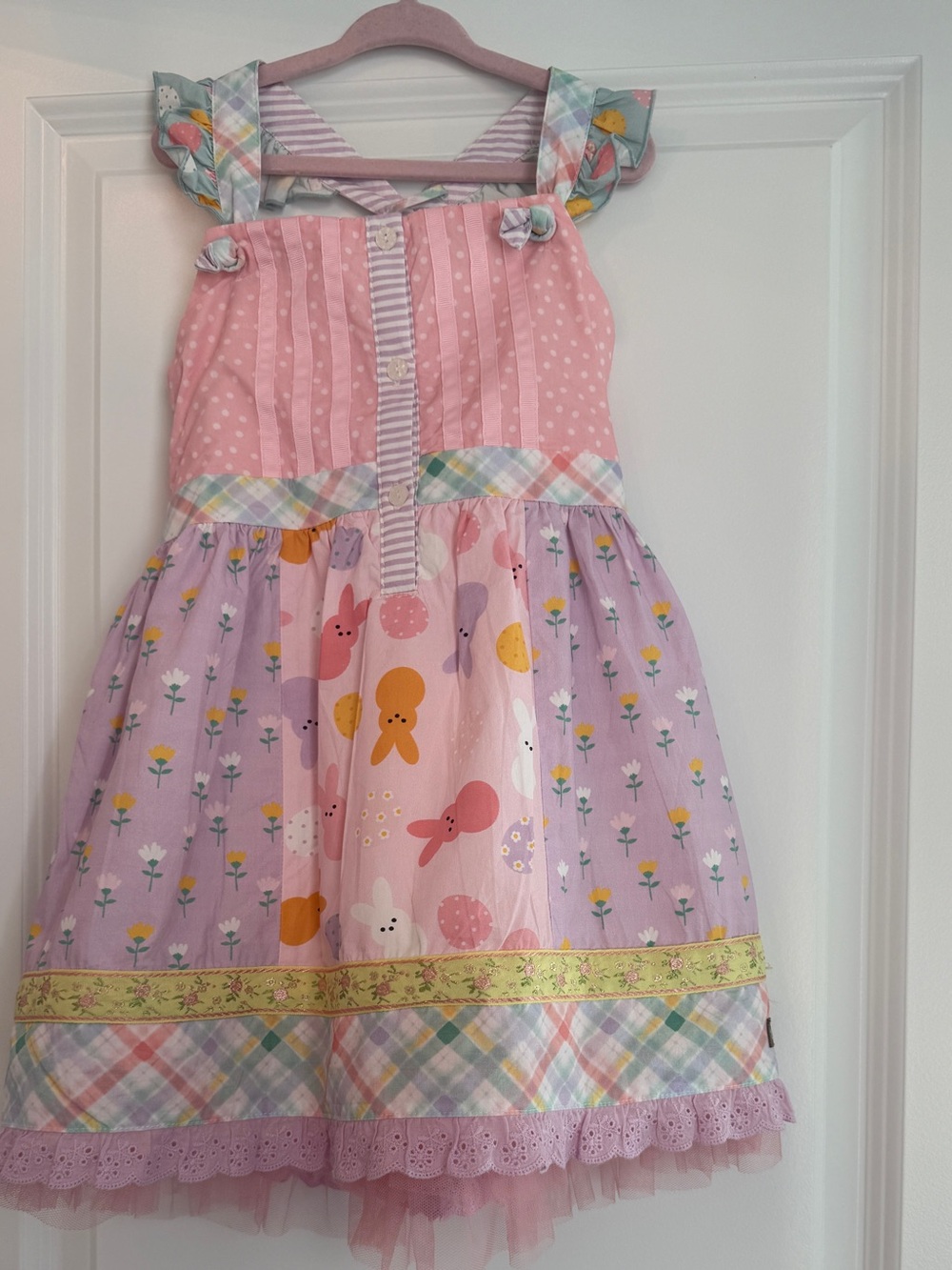 Matilda Jane Pink and Lavender Girls Dress Peep Bunny Plaid Lace